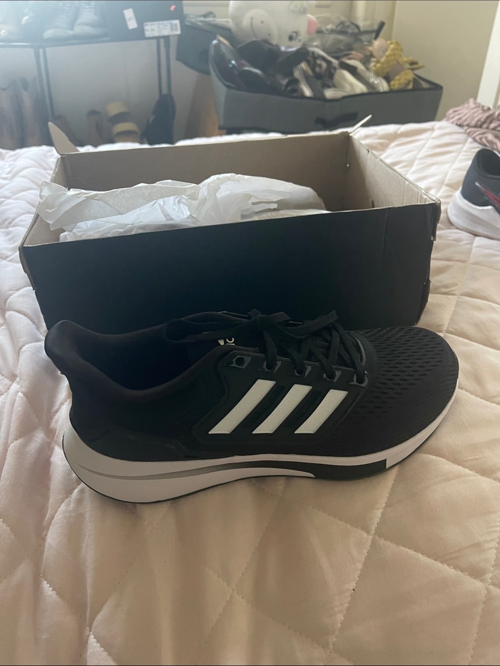 NWT Adidas EQ21Run Men’s Black Athletic Sneakers with White Stripes - 8.5 M